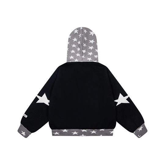 文文不乖原创美式星星猫咪刺绣设计感连帽卫衣女秋冬宽松开衫外套