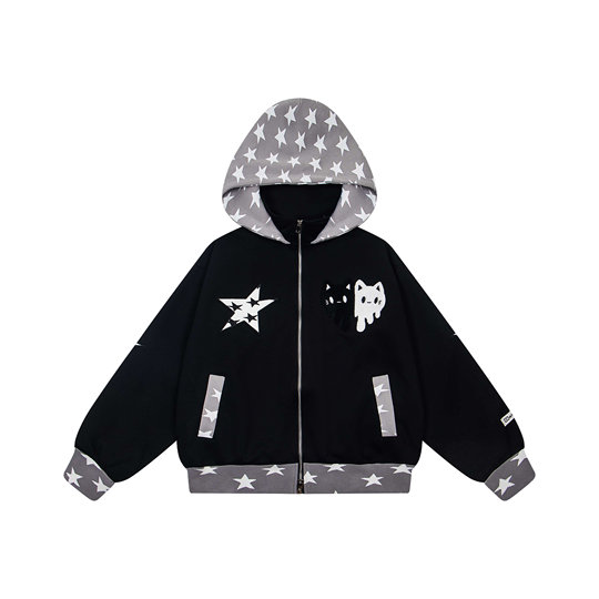 文文不乖原创美式星星猫咪刺绣设计感连帽卫衣女秋冬宽松开衫外套
