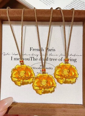 錾刻牡丹花花朵吊坠项链女款新款女友