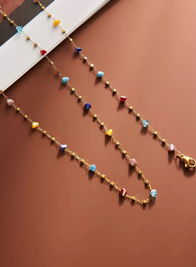 彩色方块欧美设计感锁骨链女钛钢项饰项链