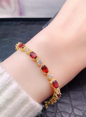 天然莫桑比克红色石榴石手链s925银镶设计款简约大气可调节长短