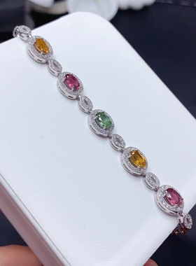 s925银天然碧玺手链彩虹色豪华版净度干净4×6mm主石位生日礼物
