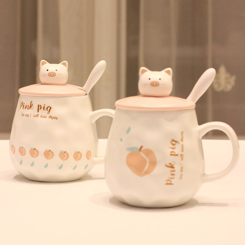 马克杯子陶瓷杯家用水杯创意潮流带盖勺可爱小猪少女心早餐杯礼品 - 图1