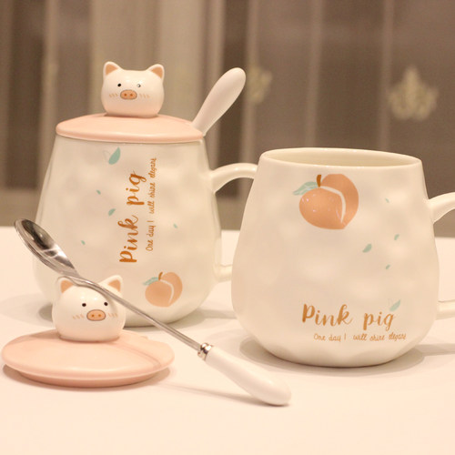 马克杯子陶瓷杯家用水杯创意潮流带盖勺可爱小猪少女心早餐杯礼品 - 图0