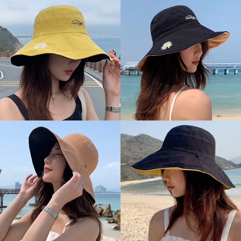 画蔻旗舰店小雏菊渔夫帽女夏天日系遮脸韩版潮百搭双面遮阳大沿太阳防晒帽子0