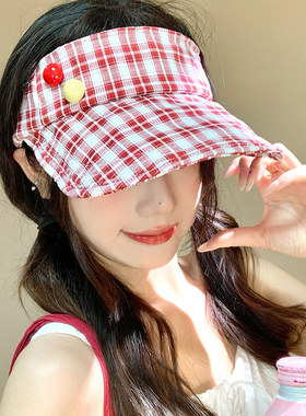 夏季女款红格子空顶防晒可折叠帽