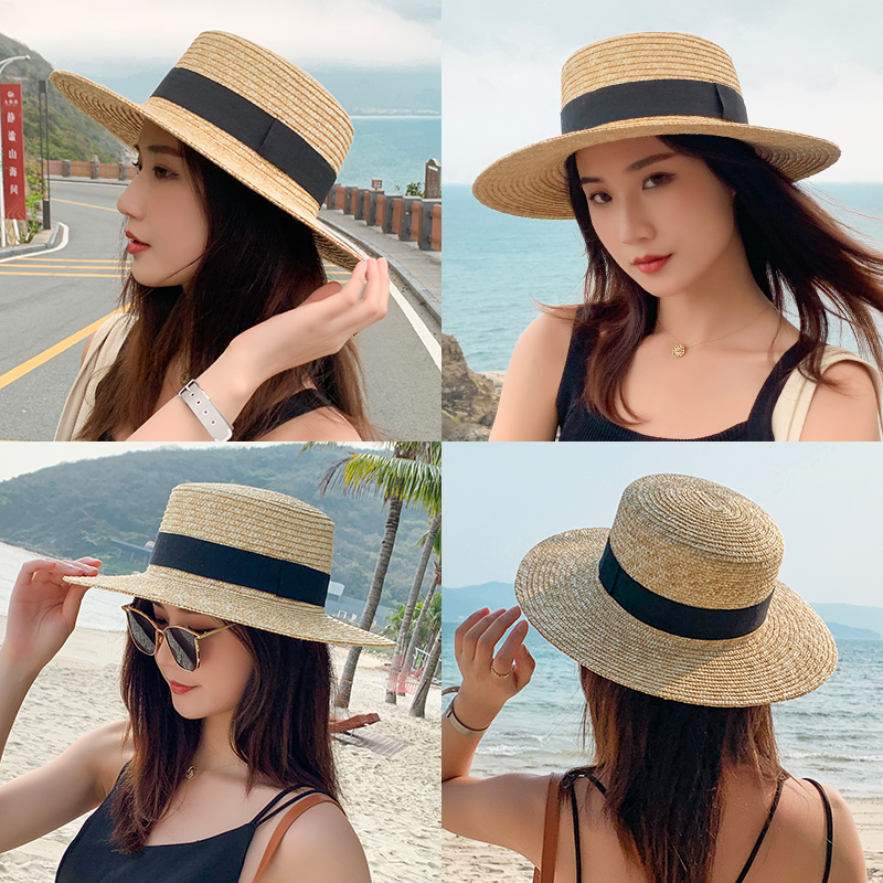 画蔻旗舰店拉菲草帽女夏防晒太阳帽装饰巴拿马礼帽简约日系沙滩平顶遮阳帽子0