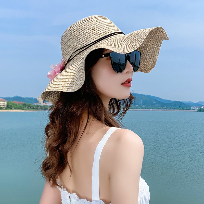 画蔻旗舰店草帽遮阳帽女彩色花朵装饰沙滩帽韩版百搭防晒波浪帽檐小清新帽子1