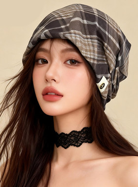 夏季复古格纹堆堆帽女显脸小