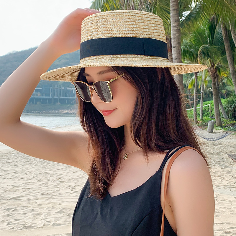 画蔻旗舰店拉菲草帽女夏防晒太阳帽装饰巴拿马礼帽简约日系沙滩平顶遮阳帽子2