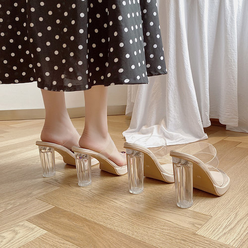 2024夏季新款外穿透明一字带高跟拖鞋女防水台水晶粗跟小码凉拖鞋 - 图1