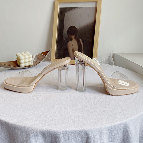 2024夏季新款外穿透明一字带高跟拖鞋女防水台水晶粗跟小码凉拖鞋 - 图2