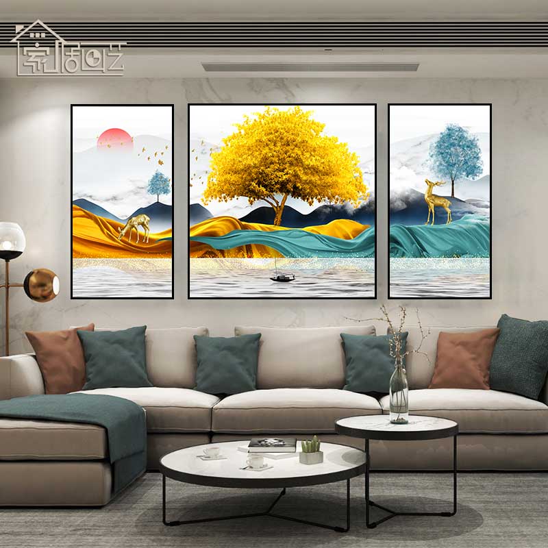 石来运转客厅装饰画沙发背景墙招财风水北欧现代麋鹿山水壁画挂画