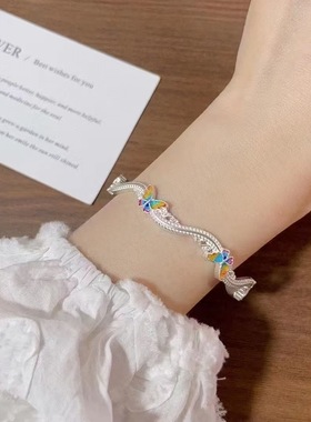 足银999.9珐琅蓝翼手镯气质蓝色蝴蝶银手镯新中式七夕礼物送女友