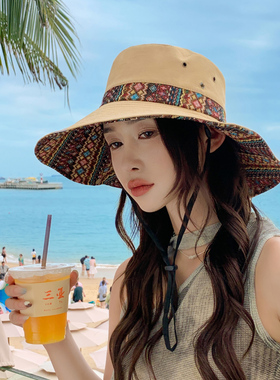 户外遮阳渔夫帽女夏季旅游防晒太阳帽宽檐西部牛仔海边帽子民族风
