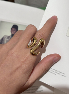 耳边铛51钛钢小众设计金色不规则几何戒指女简约百搭开口食指戒女
