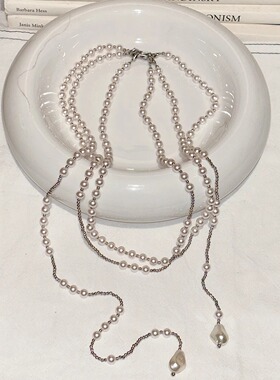 法式珍珠银色多层长款气质颈链