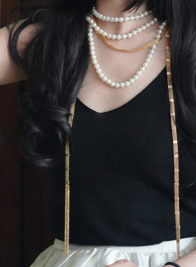 耳边铛超长款金属编织项链