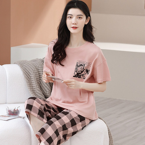 100%纯棉睡衣女夏季薄款短袖七分裤可外穿韩版休闲宽松家居服套装 - 图2