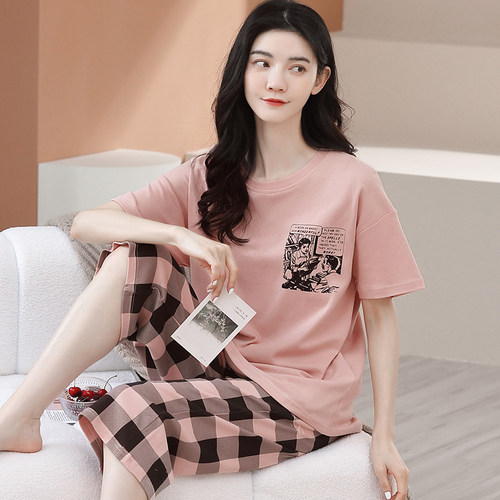 100%纯棉睡衣女夏季薄款短袖七分裤可外穿韩版休闲宽松家居服套装 - 图0