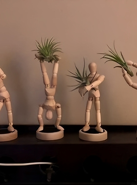 创意木质人偶空气凤梨花盆栽装饰植物摆件家居桌面趣味可爱礼品