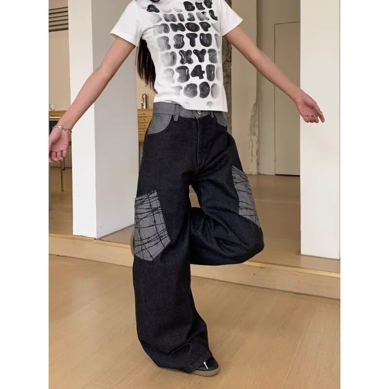 美式复古水洗拼接撞色口袋牛仔裤男女秋冬季新款显瘦直筒阔腿裤子,淘宝优惠券,粉丝福利购,淘宝优惠卷