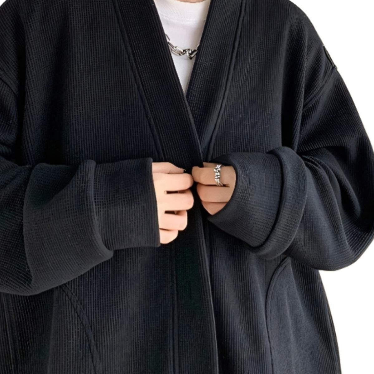 纯黑色日系慵懒风外套男高级感华夫格V领针织开衫春秋季潮牌夹克 - 图0