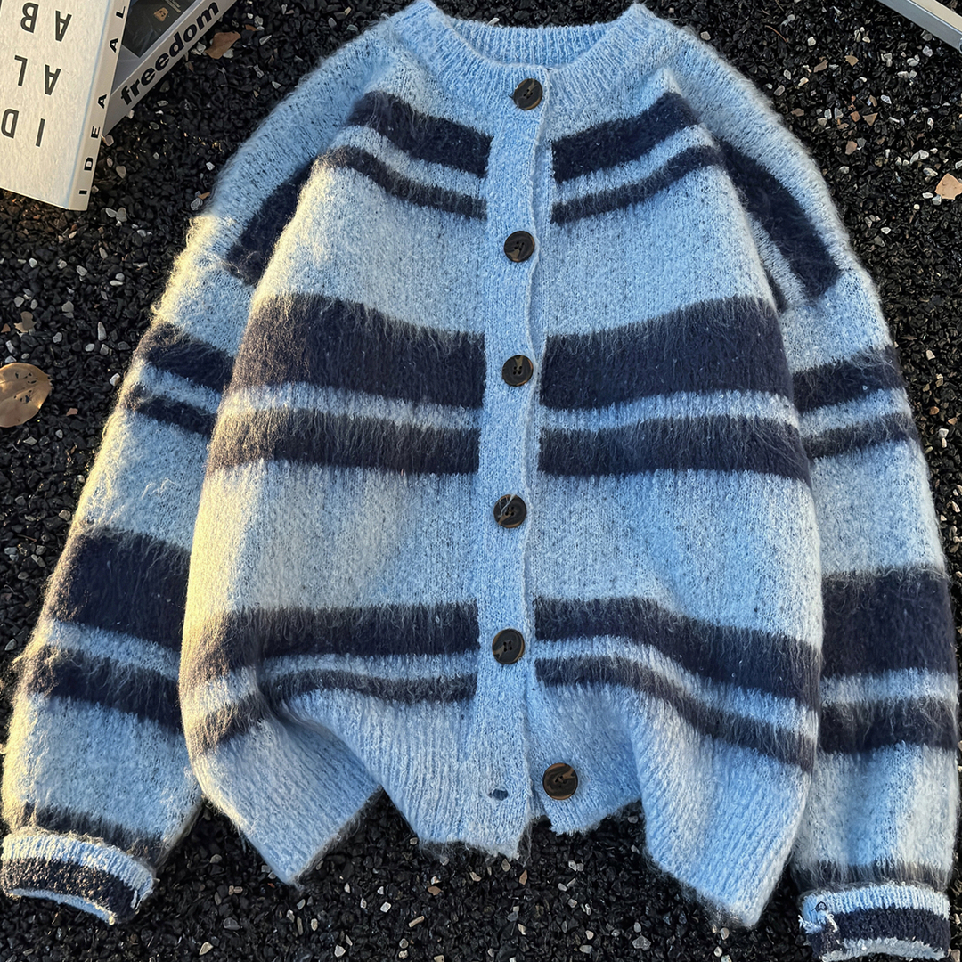 秋冬季美式复古软糯撞色条纹开衫毛衣男情侣松弛感宽松针织衫外套 - 图2