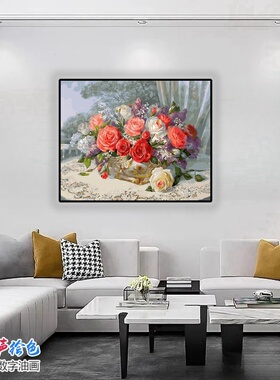 3.0diy数字油画 客厅风景花卉手绘填色餐厅装饰画 玫瑰 露红烟紫
