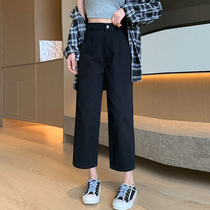 145 short and small subgush thickened black straight cylinder jeans female autumn winter high waist display slim 80% broadlegged pants