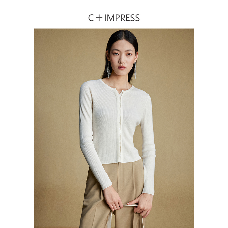 C+IMPRESS/西嘉知识分子风绵羊毛开衫女时髦双层门襟圆领外搭上衣 - 图1