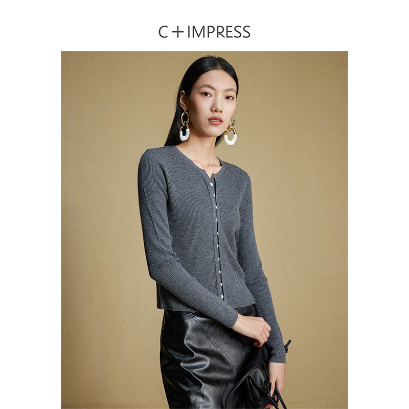 C+IMPRESS/西嘉知识分子风绵羊毛开衫女时髦双层门襟圆领外搭上衣 - 图0