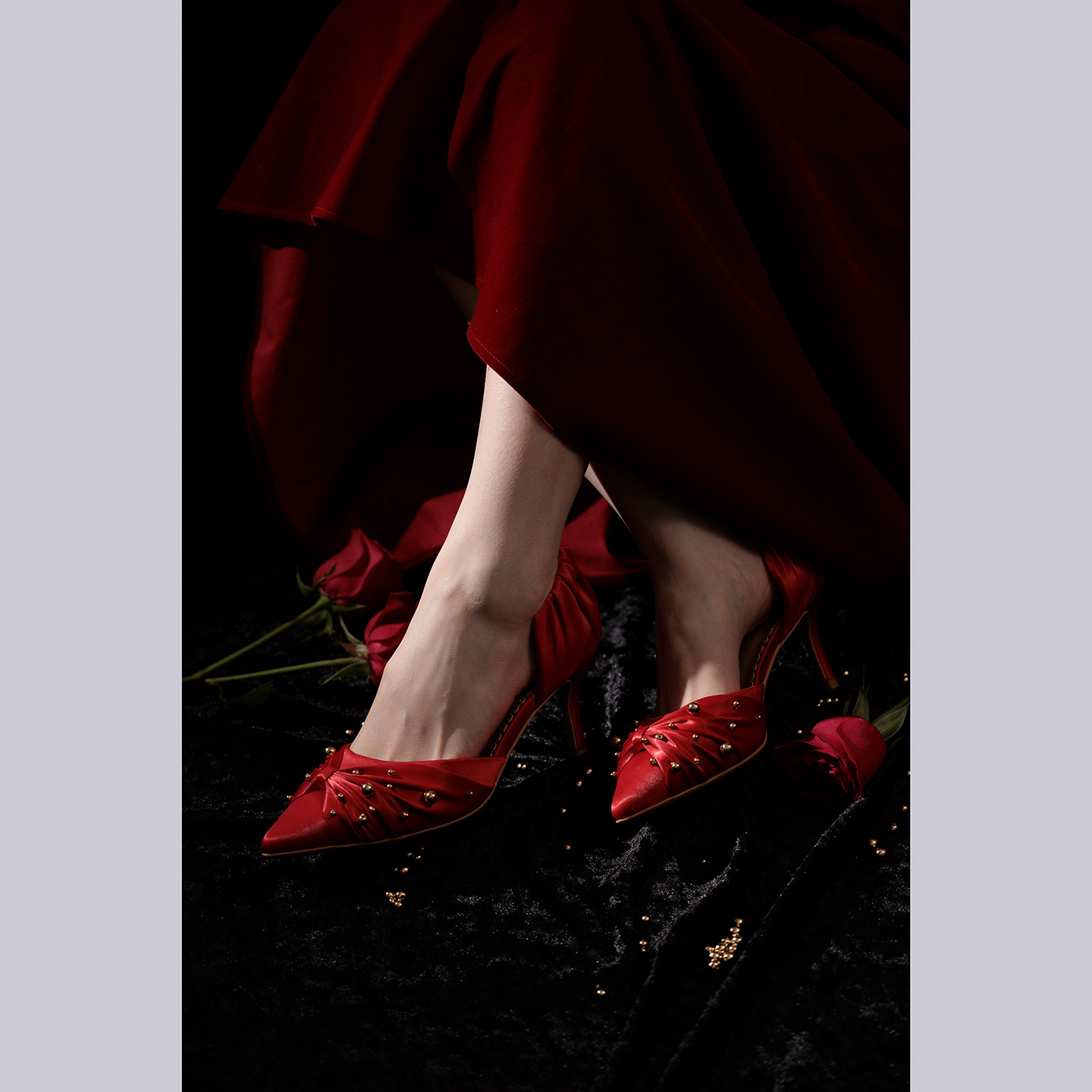 【椿】珠语星辰 /原创褶皱金珠尖头细高跟鞋红色婚鞋秀禾敬酒宴会,淘宝优惠券,粉丝福利购,淘宝优惠卷