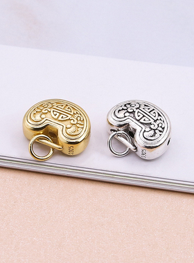 S925纯银福锁铃铛吊坠DIY编绳配件材料宝宝银锁平安锁长命锁挂坠