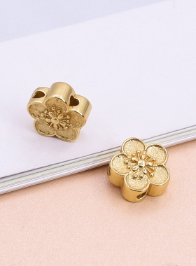 S925纯银古法金招桃花隔珠DIY手链流苏配饰立体花朵樱花转运珠