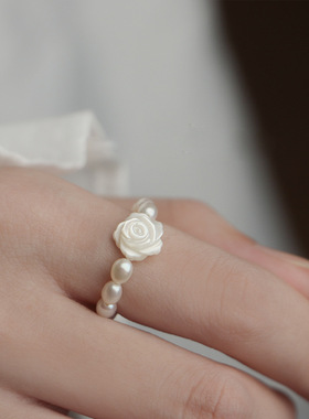 母贝玫瑰花天然淡水珍珠戒指女轻奢小众感不掉色串珠指环