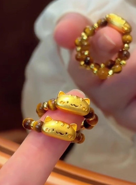 虎眼石复古沙金猫咪戒指不掉色