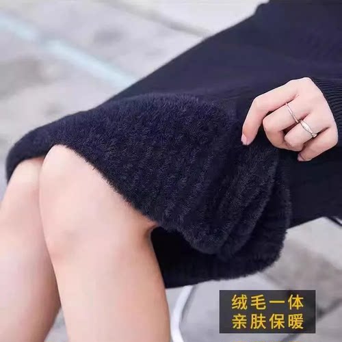秋冬新款时尚加绒针织连衣裙女半高领毛衣裙修身显瘦打底裙中长款 - 图3