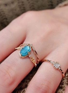 Ordi天然水晶松石双拼橄榄形项链百搭锁骨链复古镂空雕花戒