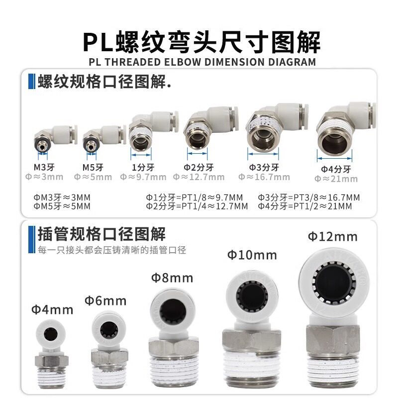 亚德客快速接头螺纹弯头L型螺纹二通PL6M5 PL601 602 603 604-S - 图1