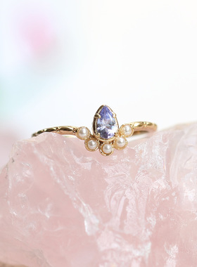 日系轻奢小众S925银镀14K金 简约水滴坦桑石珍珠戒指 厂家直销