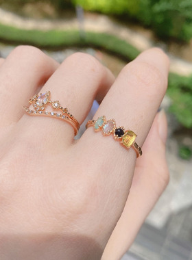 日系春季925银镀10k金小清新多色彩石宝石戒指 天然橄榄石拉长石