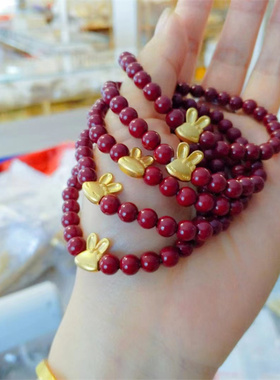 沙金十二生肖兔朱砂手链女