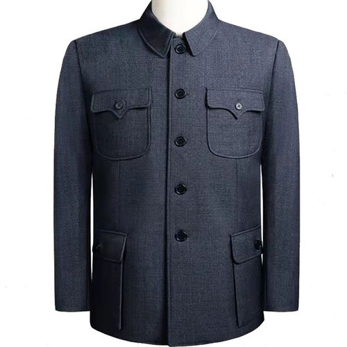 中山装男秋冬款老人爷爷装干部中山服单件上衣双层加厚爸爸装外套 - 图3