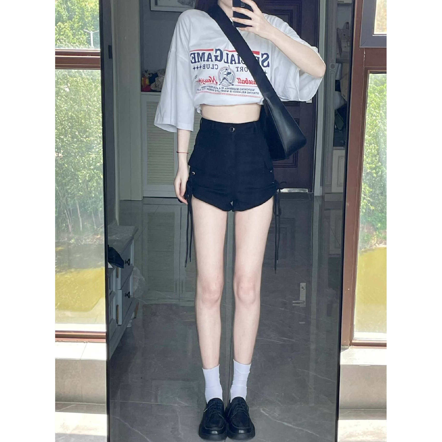 黑色牛仔短裤女春夏薄款设计感侧绑带紧身弹力高腰a字辣妹热裤子,淘宝优惠券,粉丝福利购,淘宝优惠卷