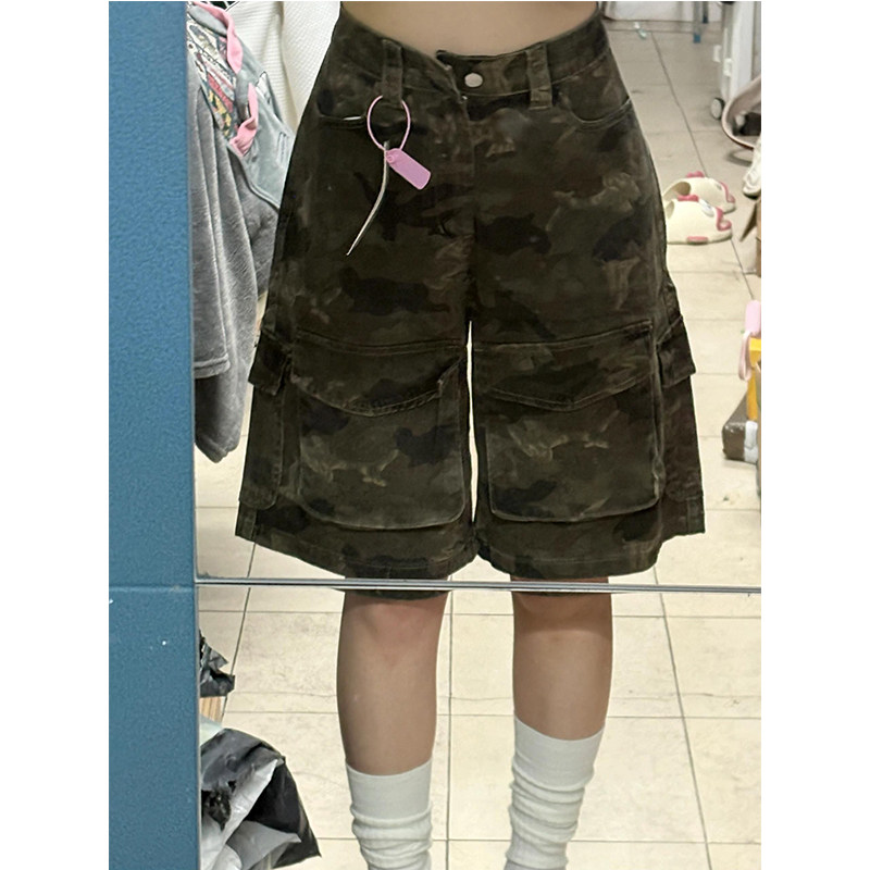 美式复古高腰迷彩多口袋工装裤五分裤女夏新款百搭直筒阔腿牛仔裤,淘宝优惠券,粉丝福利购,淘宝优惠卷