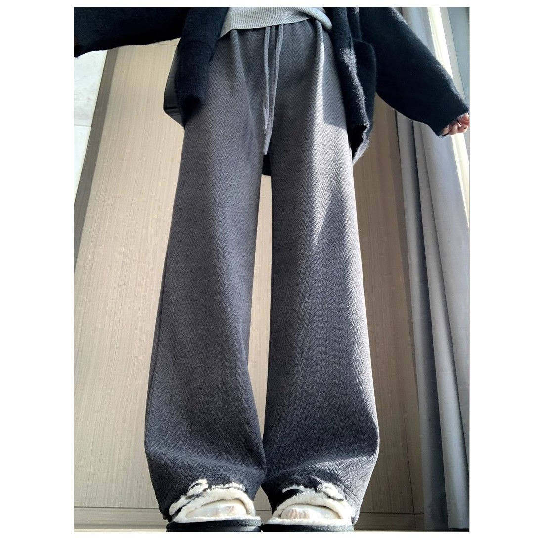 人字纹阔腿裤女秋冬2026新款加绒加厚高腰直筒窄版慵懒风休闲裤子,淘宝优惠券,粉丝福利购,淘宝优惠卷