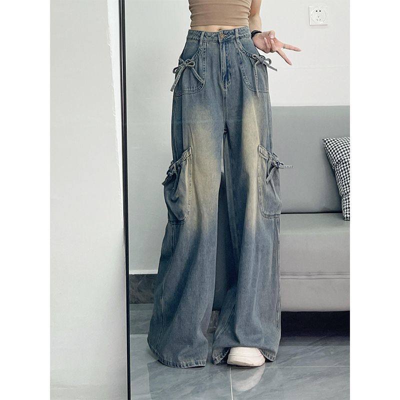 蝴蝶结绑带工装牛仔裤裤子女款设计感工装长裤宽松显瘦直筒阔腿裤,淘宝优惠券,粉丝福利购,淘宝优惠卷