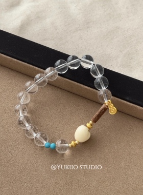 天然琉璃手串女奶白爱心配饰檀木复古小金福牌绿松石圆珠小众手链