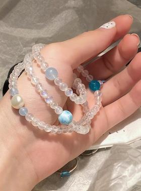 天然月光石圆珠6mm三圈手串女款搭配珍珠海纹石海蓝宝时尚百搭款